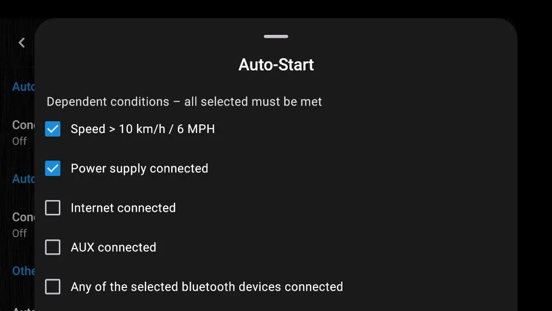 DashCam Travel Auto-Start and Auto-Stop settings with configurable driving and connection conditions.