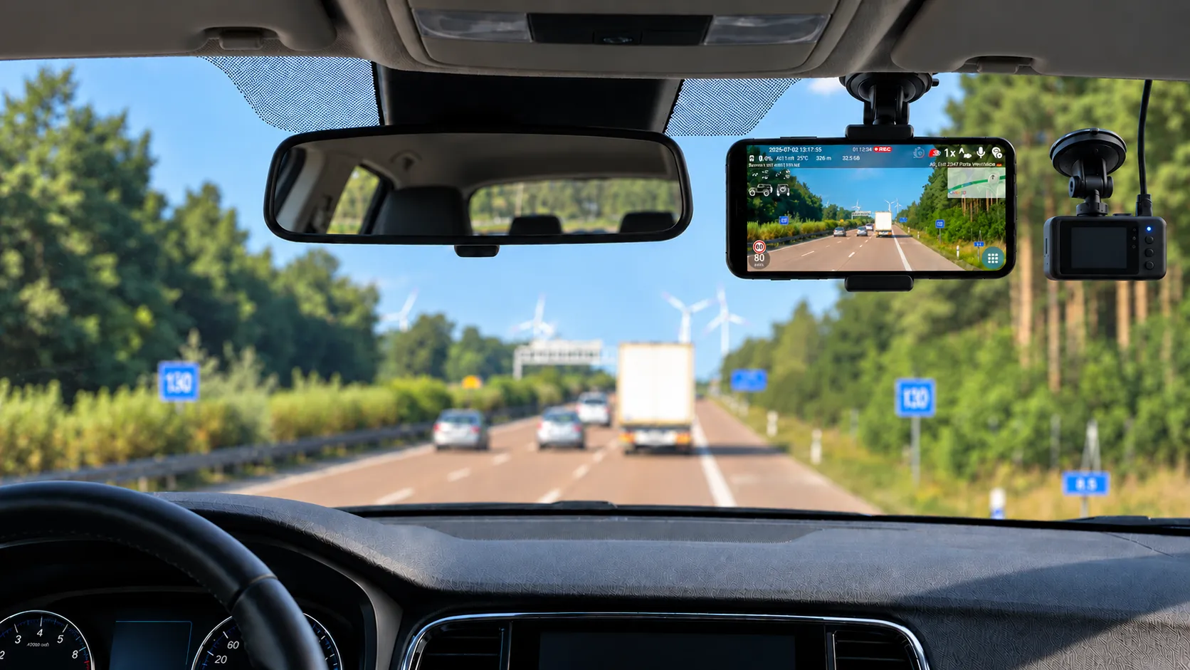 A phone running DashCam Travel and a dedicated dashcam beside the rear-view mirror while driving on a motorway.