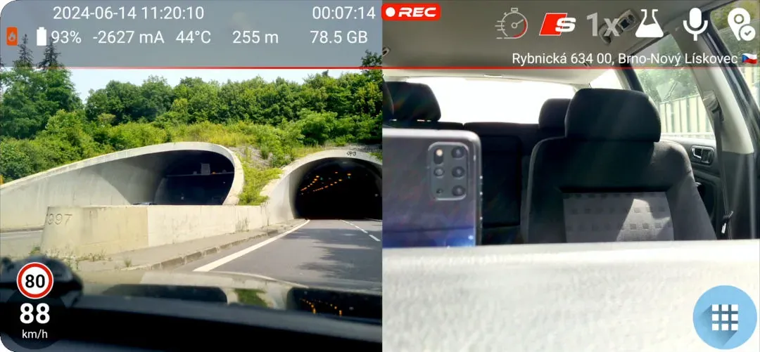 DashCam Travel dual camera recording with the road and cabin views combined in one video.