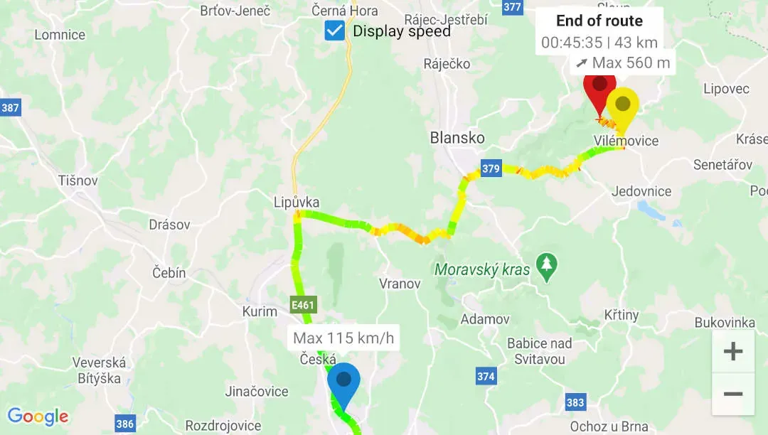 A recorded DashCam Travel route in Google Maps with speed-colored segments, start and end markers and journey statistics.