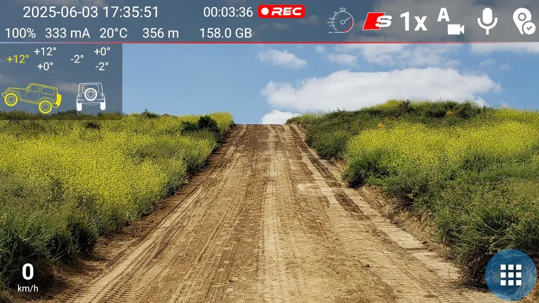 DashCam Travel recording screen with an inclinometer showing vehicle pitch and roll on an off-road climb.