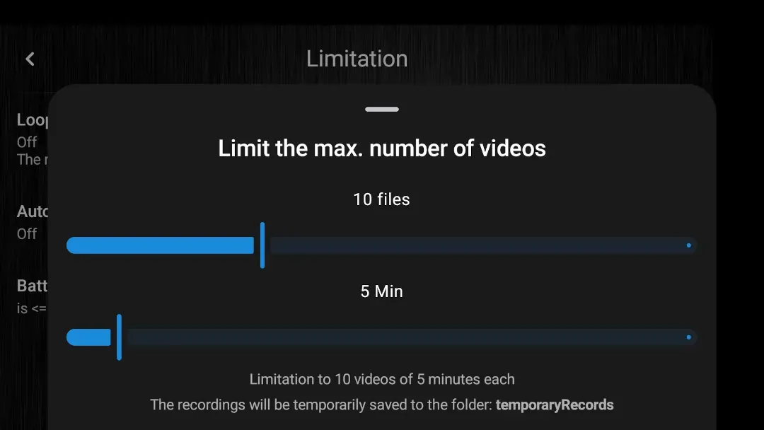 DashCam Travel loop recording controls for limiting video length and the number of temporary recording files.