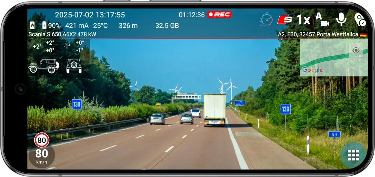 DashCam Travel recording the road in landscape mode on an Android phone.