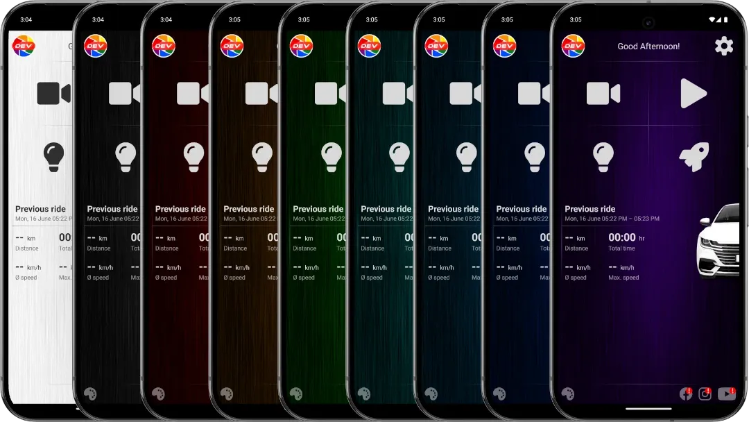 DashCam Travel shown with multiple color accents in dark mode.