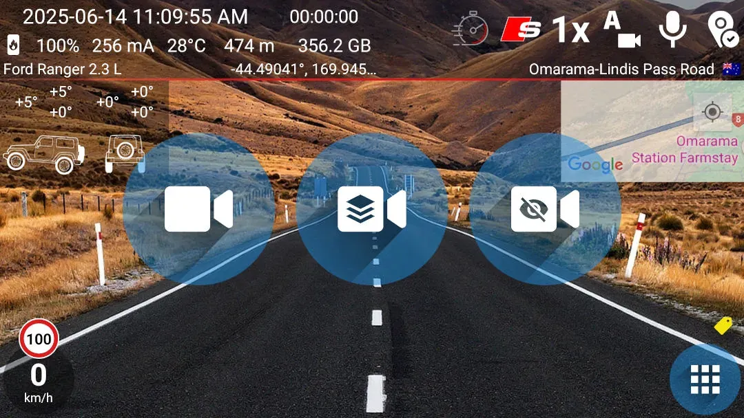 DashCam Travel recording screen showing speed, time, altitude, street name, map position and selected driving data.