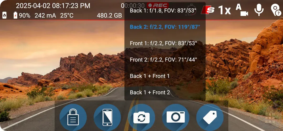 DashCam Travel camera selector showing rear and front lenses with FoV values and an ultra-wide option.